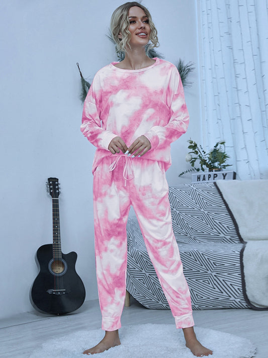 Tie-Dye Round Neck Top and Pants Lounge Set