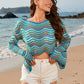Striped Boat Neck Long Sleeve Cover Up