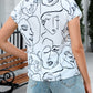 Line Drawing Print Notched Short Sleeve Blouse