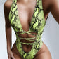 Lace-Up Backless Plunge One-Piece Swimwear